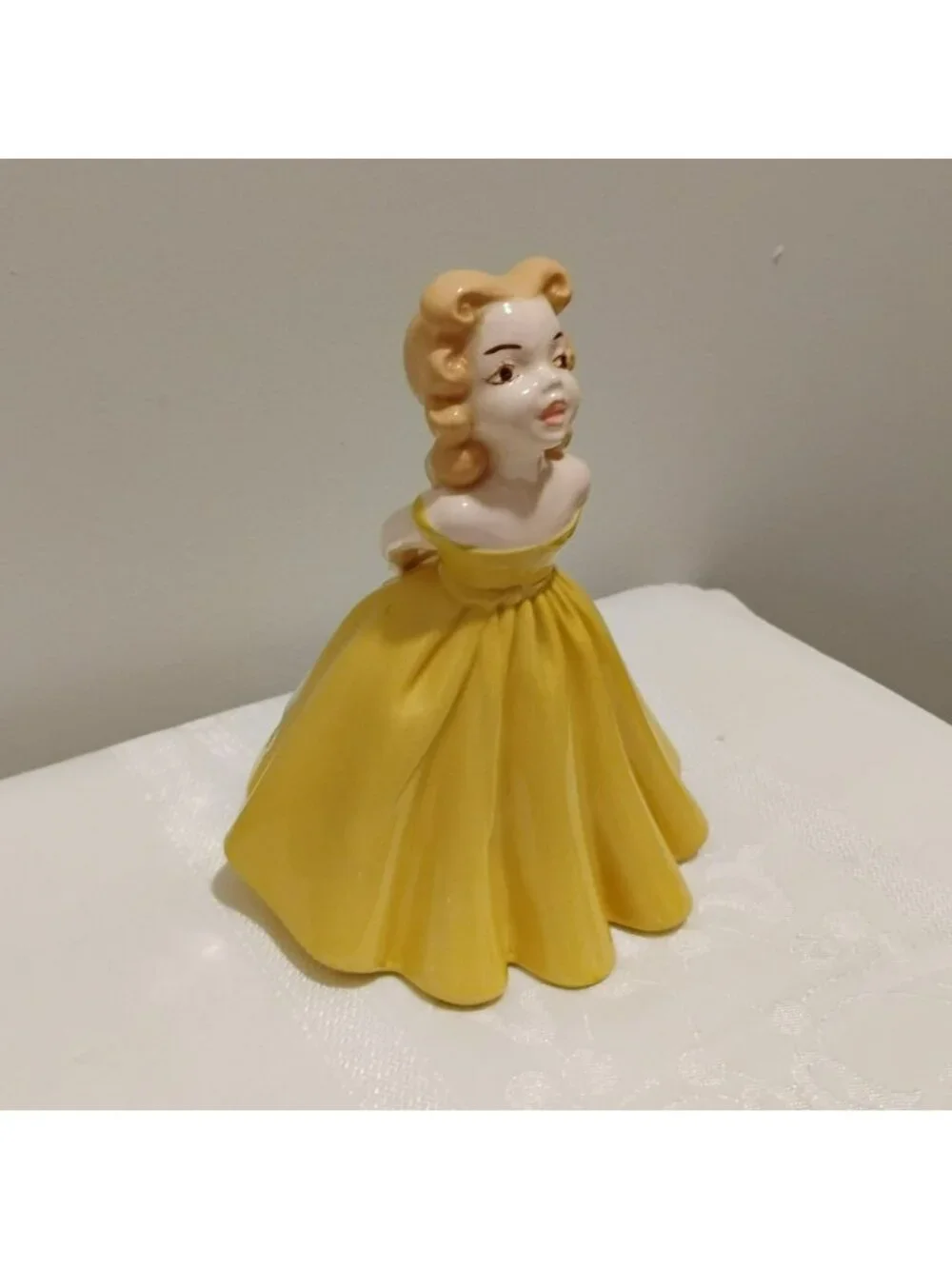 Vtg 1966 Ceramic Girl Figurine Yellow Ballgown Dress Sun Hat Hand Painted MCM